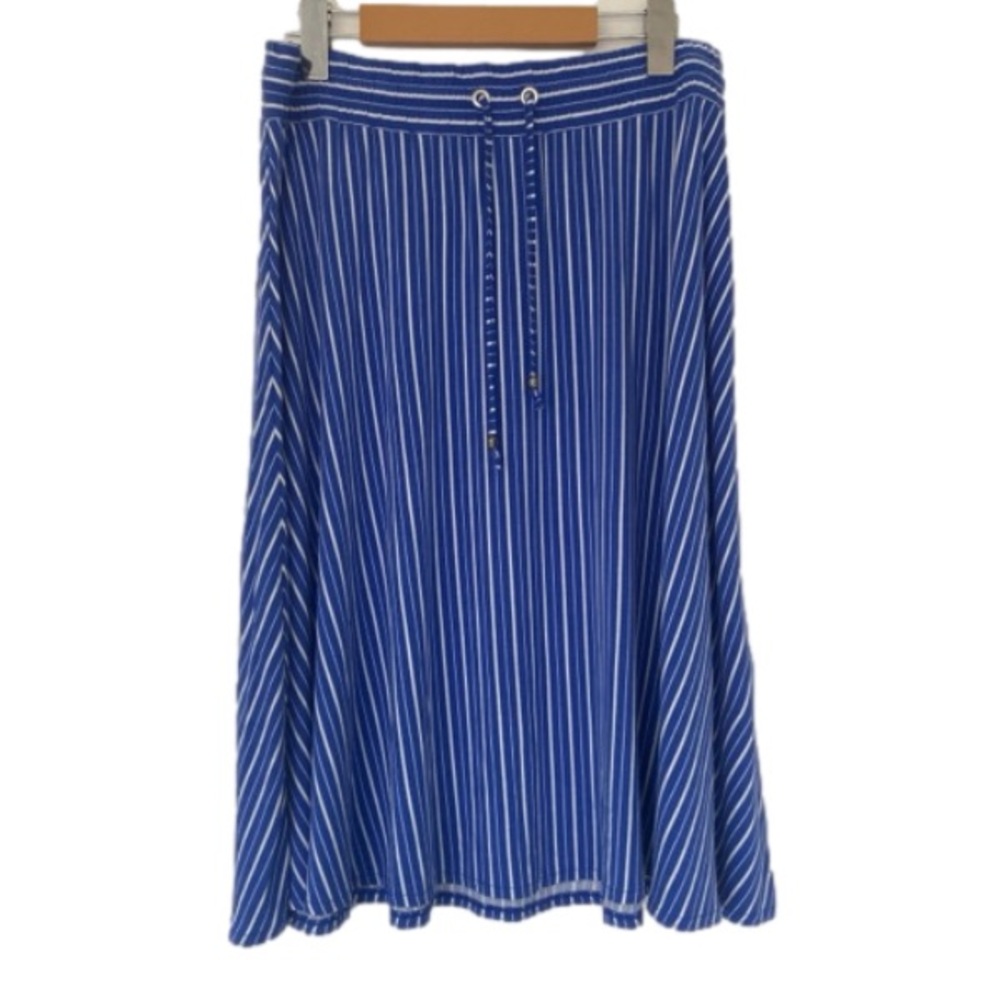 OLSEN WHITE/ROYAL BLUE STRIPED VISCOSE BLEND MIDI SKIRT W/ ELASTIC WAIST, M-L/12